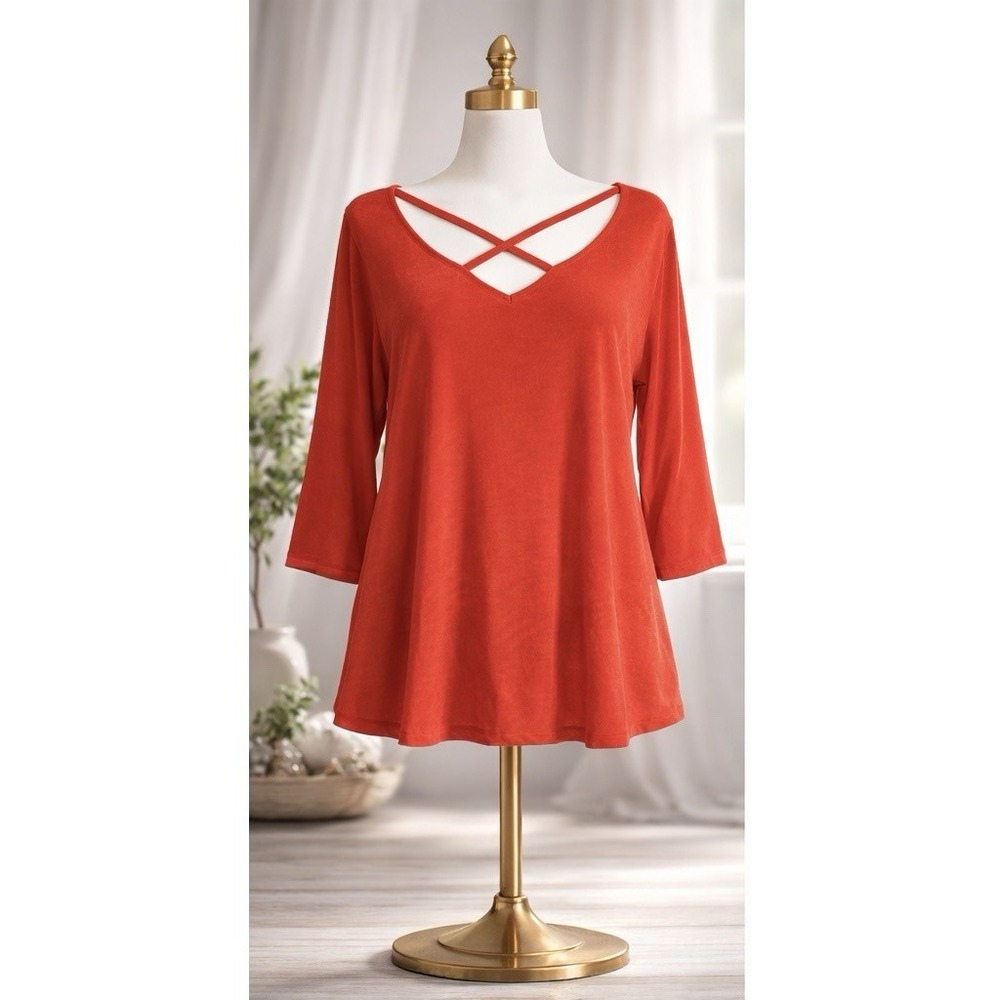Chico's Travelers Slinky Knit Top Orange Pullover Travel Stretch Size 2 Large‎